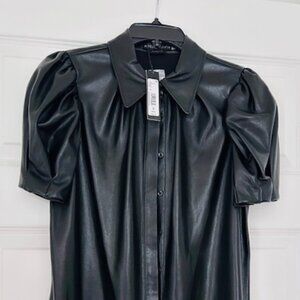 Alice + Olivia Jem Vegan Leather Puff-Sleeve Shirtdress
